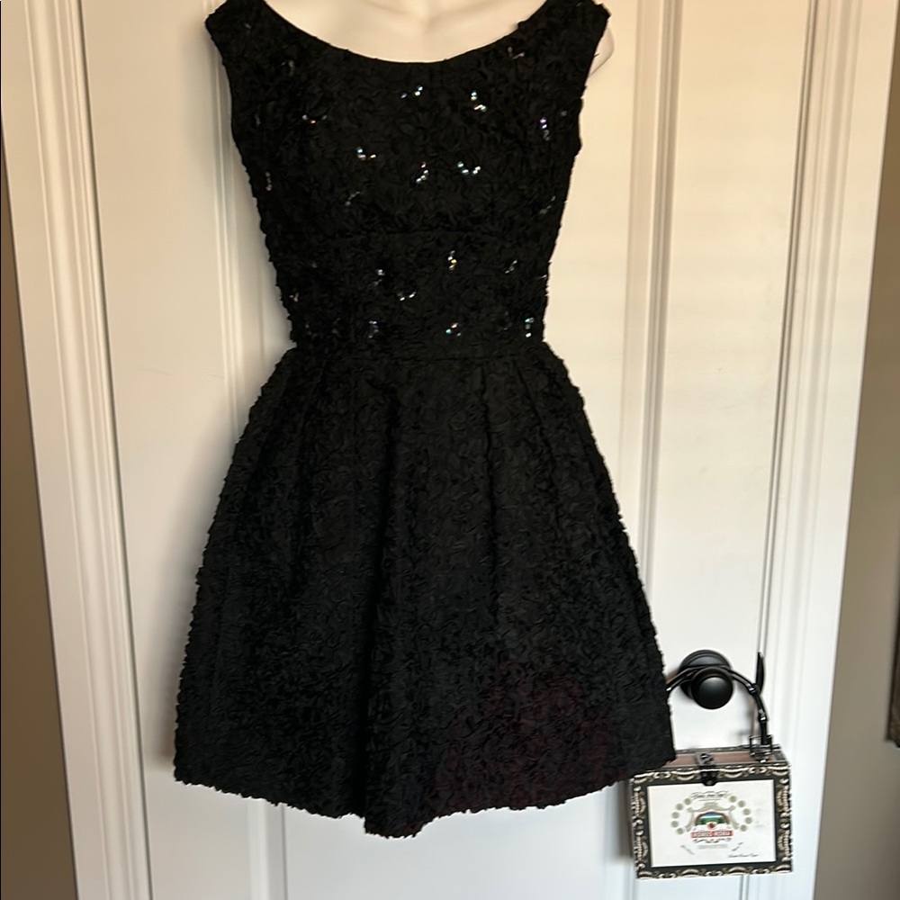 🦩Vintage Black Mini Dress with full skirt fitted waist and ribbon detail